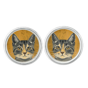 Vintage Retro Minimalist Tabby Cat Portrait Cufflinks