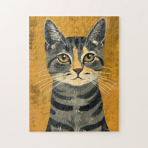 Vintage Retro Minimalist Tabby Cat Portrait Jigsaw Puzzle