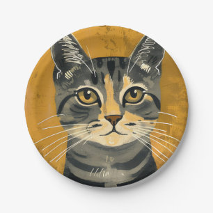 Vintage Retro Minimalist Tabby Cat Portrait Paper Plates