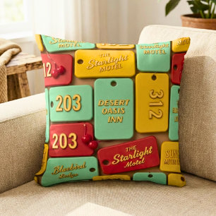 Vintage Retro Motel Key Tag Modern Americana Throw Pillow