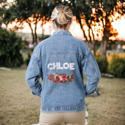 Vintage retro name red floral winter watercolor  denim jacket