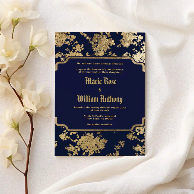 Vintage retro navy blue gold floral Wedding Invitation | Zazzle