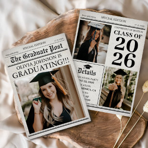 Vintage Retro Newspaper 3 Photos Graduation Invitation
