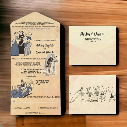 Vintage Retro Old Ancient Comic Stylish Wedding All In One Invitation