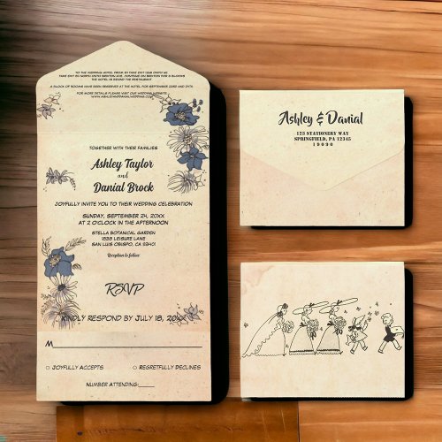 Vintage Retro Old Ancient Rustic Floral Wedding All In One Invitation