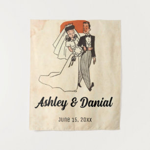 Vintage retro old bride and groom rustic wedding tapestry