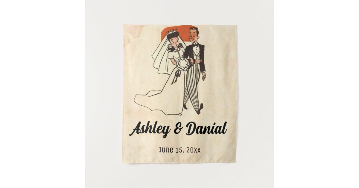 Vintage retro old bride and groom rustic wedding tapestry | Zazzle