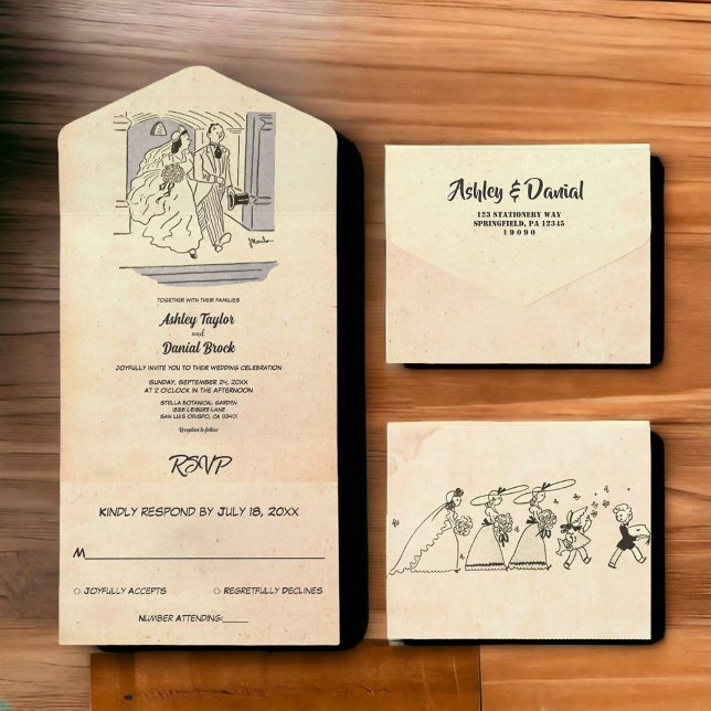 Vintage Retro Old Bride Groom Comic Rustic Wedding All In One Invitation (Creator Uploaded)
