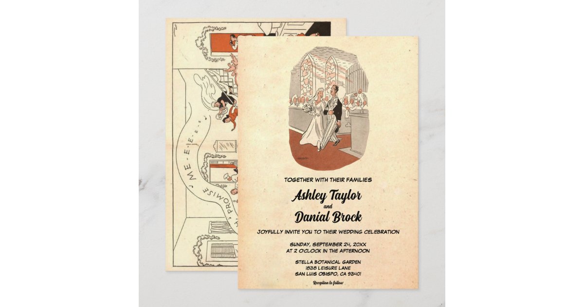 Vintage Retro Old Bride Groom Comic Rustic Wedding Invitation | Zazzle