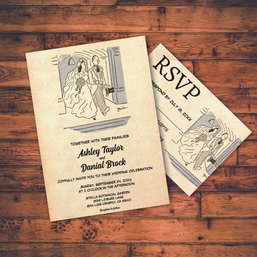 Vintage Retro Old Bride Groom Comic Rustic Wedding Invitation