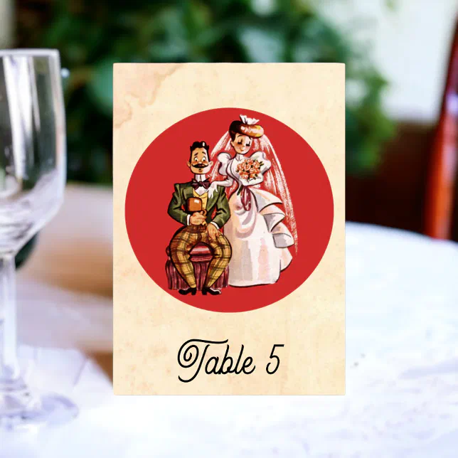 Vintage Retro Old Bride Groom Comic Rustic Wedding Table Number | Zazzle