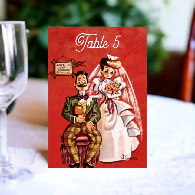 Vintage Retro Old Bride Groom Comic Rustic Wedding Table Number | Zazzle