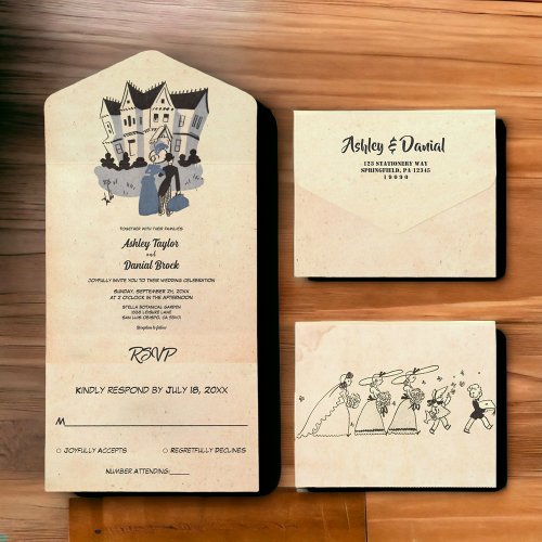 Vintage Retro Old Couple Ancient Rustic Wedding All In One Invitation