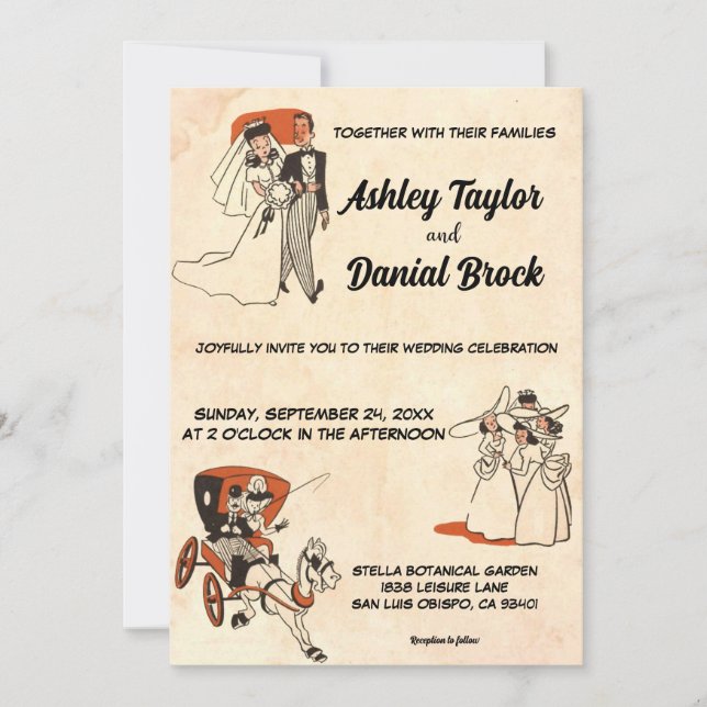 Vintage retro old funny 50s comic-themed Wedding Invitation (Front)