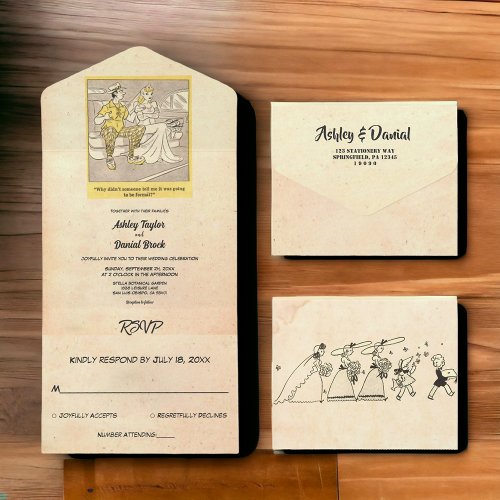 Vintage Retro Old Funny Couple Rustic Wedding All In One Invitation