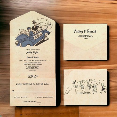 Vintage Retro Old Just Married Couple 50s Wedding All In One Invitation
