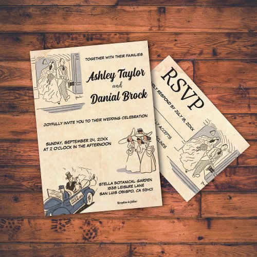 Vintage Retro Old Romantic Comic Rustic Wedding Invitation