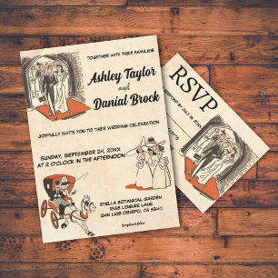 Vintage Retro Old Rustic 50s Comic-Themed Wedding Invitation