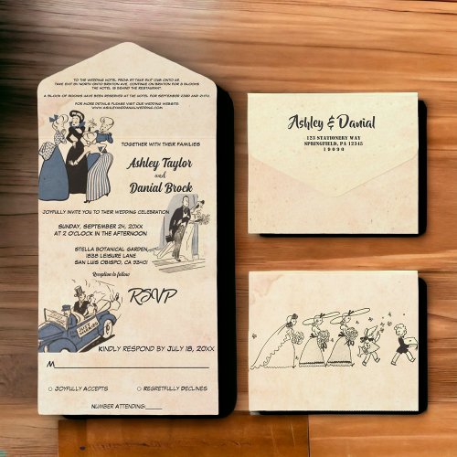 Vintage Retro Old Rustic Chic Comic Style Wedding All In One Invitation