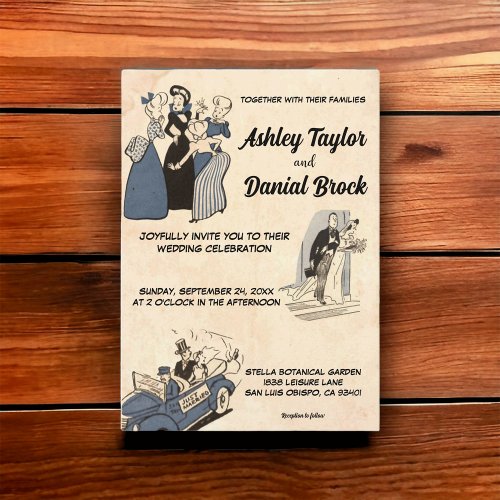 Vintage Retro Old Rustic Chic Comic Style Wedding Invitation