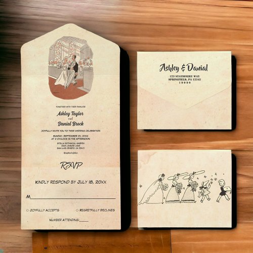 Vintage Retro Old Rustic Couple Ceremony Wedding All In One Invitation