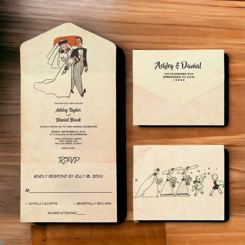 Vintage Retro Old Rustic Couple Comic Book Wedding All In One Invitation