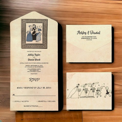 Vintage Retro Old Rustic Funny Comic Book Wedding All In One Invitation