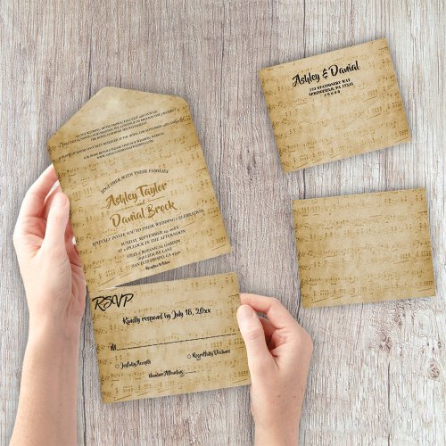 Vintage Retro Old Sheet Music Note Rustic Wedding All In One Invitation