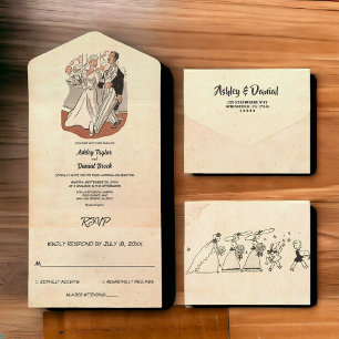 Vintage Retro Old Style Couple Comic Book Wedding All In One Invitation