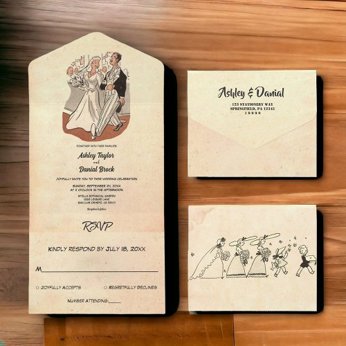 Vintage Retro Old Style Couple Comic Book Wedding All In One Invitation