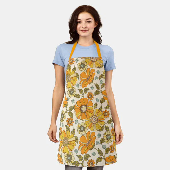 Vintage Retro Orange Floral Pattern Apron | Zazzle