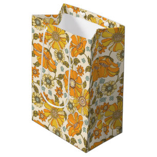 Vintage Retro Orange Floral Pattern Medium Gift Bag