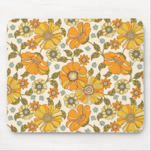 Vintage Retro Orange Floral Pattern Mouse Pad