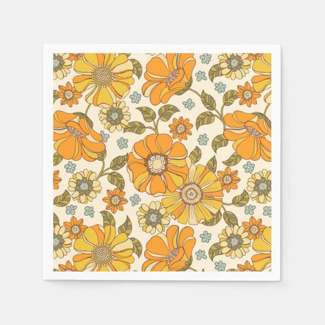 Vintage Retro Orange Floral Pattern Napkins (Front)