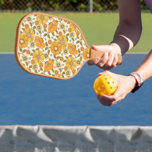 Vintage Retro Orange Floral Pattern Pickleball Paddle