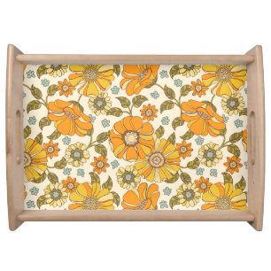 Vintage Retro Orange Floral Pattern Serving Tray