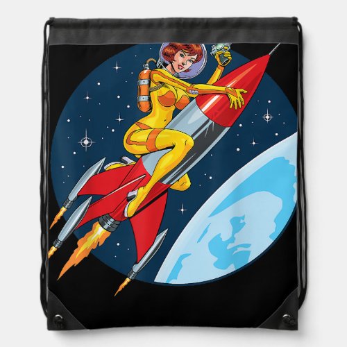 Vintage Retro Outer Space Sci_Fi Female Astronaut  Drawstring Bag