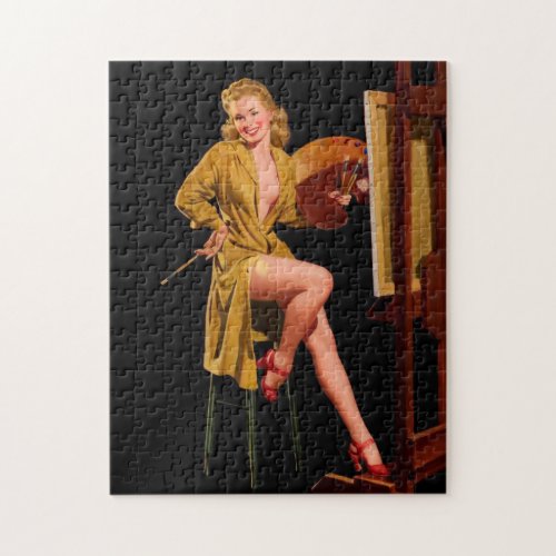 Vintage Retro Painter Artist Pinup Girl Jigsaw Puzzle