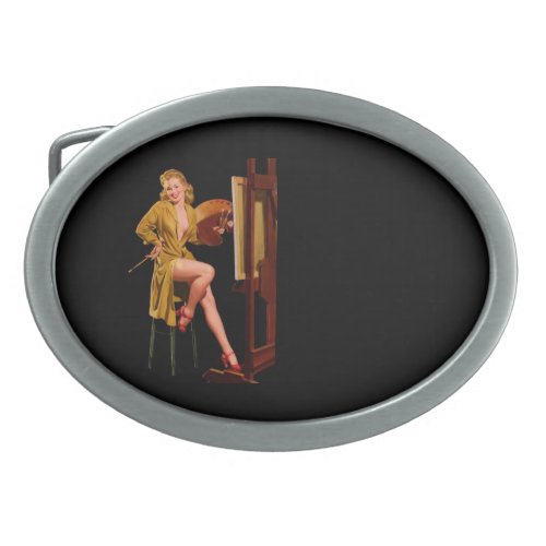 Vintage Retro Painter Artist Pinup Girl Oval Belt Buckle