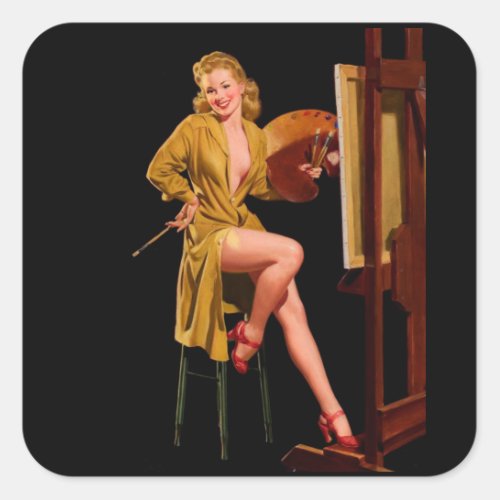 Vintage Retro Painter Artist Pinup Girl Square Sticker