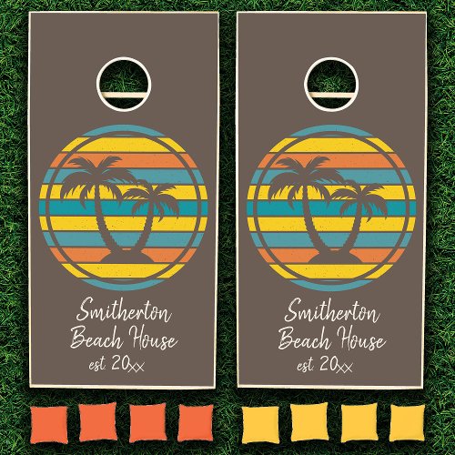 Vintage Retro Palm Trees Teal Brown Orange Yellow Cornhole Set