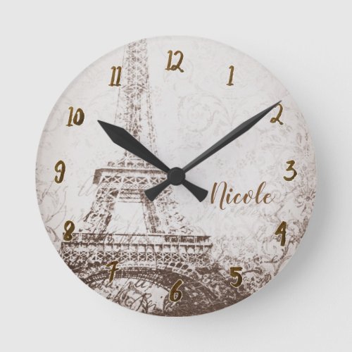 Vintage Retro Paris Eiffel Tower Personalized Round Clock