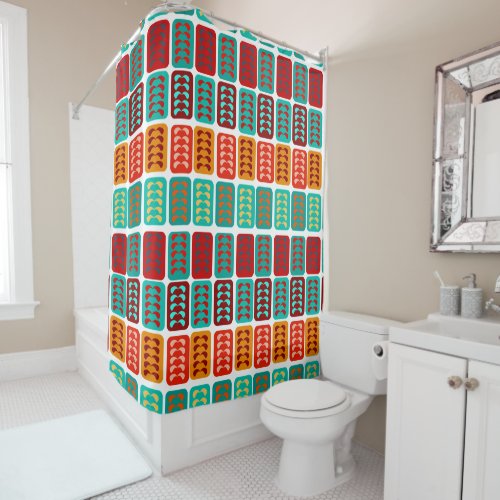 vintage retro pattern brick red aqua blue bathroom shower curtain