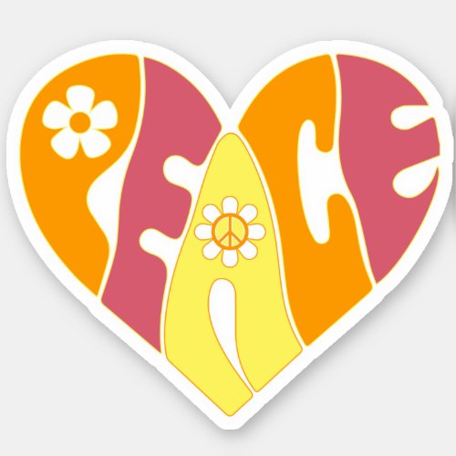 Vintage Retro Peace Hippie Heart Orange Yellow Sticker