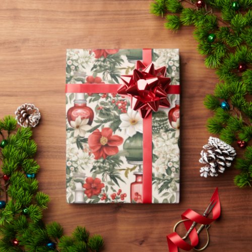 Vintage retro perfume bottles Christmas florals Wrapping Paper