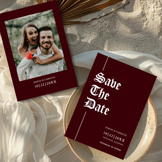 Vintage Retro Photo Burgundy Wedding Save The Date (Creator Uploaded)
