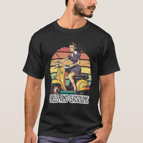 Vintage retro pin up girl riding scooter Girls and T_Shirt