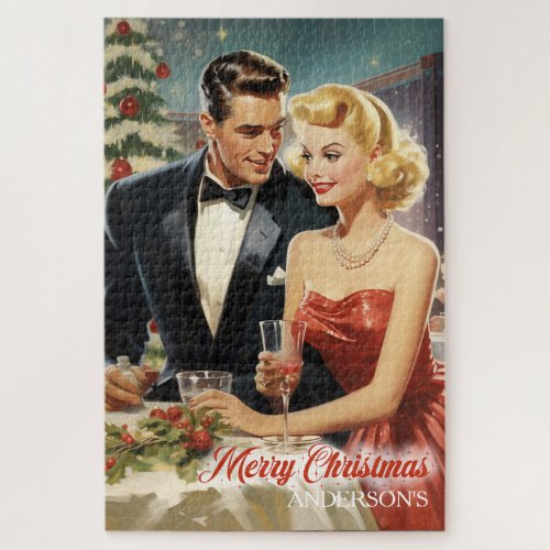 Vintage retro pin up woman and man Christmas Jigsaw Puzzle