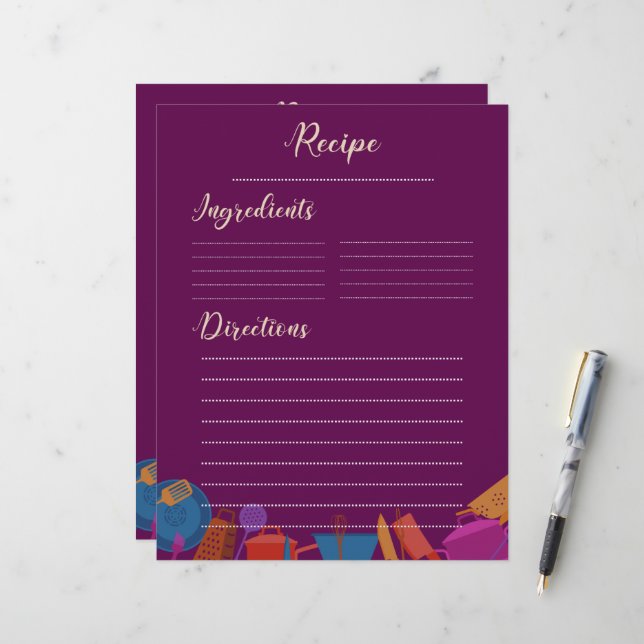 Vintage retro pink family kitchen Recipe Sheet (Front/Back In Situ)