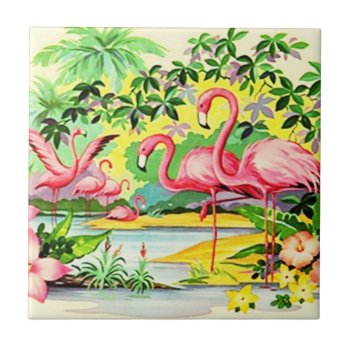 Vintage Retro Pink Flamingo Birds Flocking Tile by rainsplitter at Zazzle